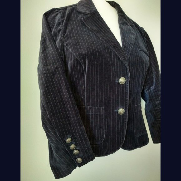 Cropped Velvet Blazer- Navy Pinstripe, sz Medium - Picture 2 of 4